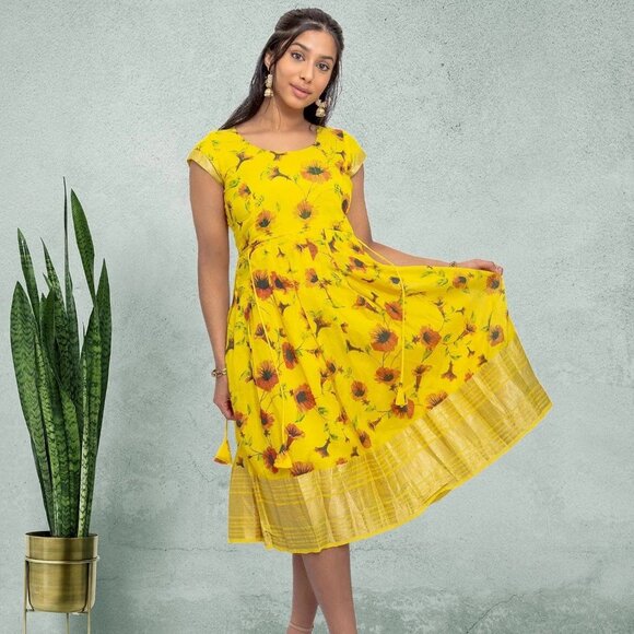 Elegant Yellow Silk Knee-Length Dress | Muvvas Boutique - Picture 3 of 6